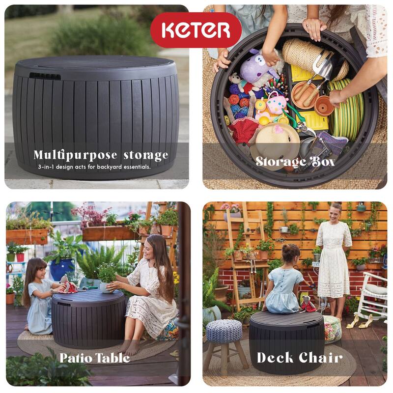 Keter Circa 37gal Round Patio Box Stylish Storage Table and Seating, Brown Resin - 27.5 x 27.5 x 17.1 inches