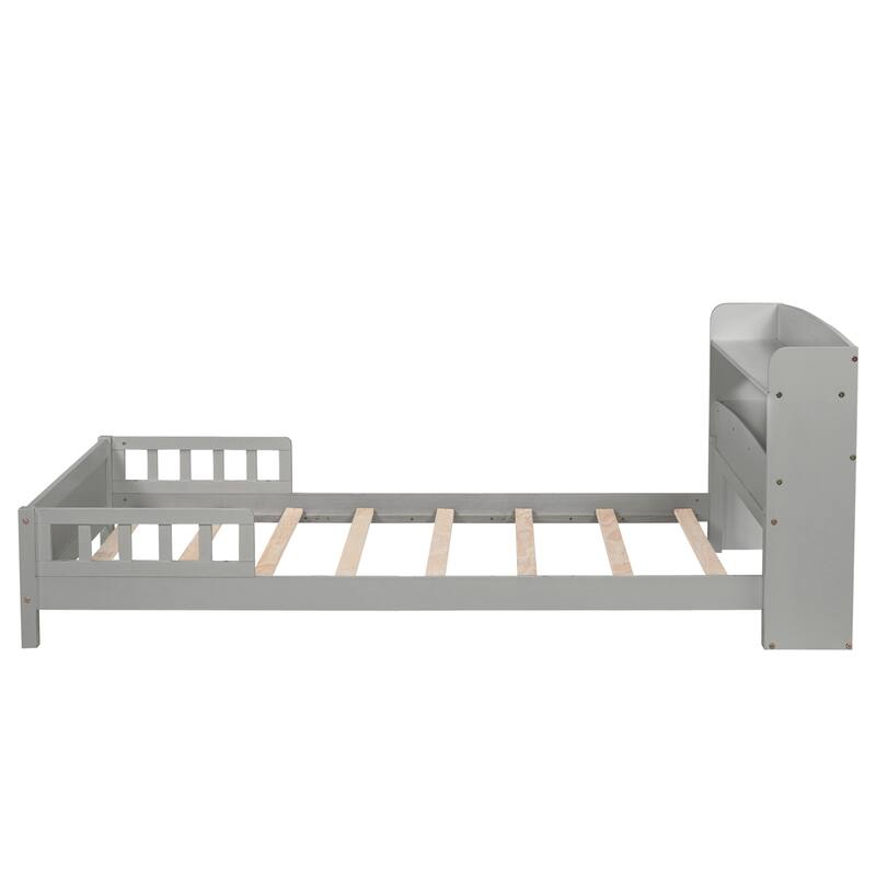Twin Size Pine Bed w/ Bookcase Headboard ,LED Sensor Light, Guardrails