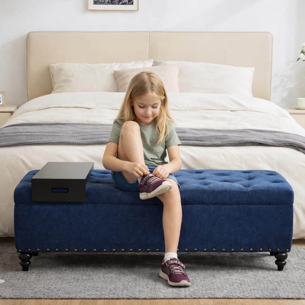 50-inch Button-Tufted Storage Bench Ottoman with Removable Tray for Living Room Bottom rivets design