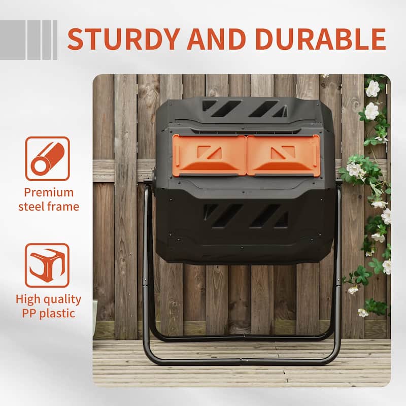 Outsunny Tumbling Compost Bin Outdoor Dual Chamber 360-deg Rotating Composter 43 Gallon w/ Sliding Doors & Solid Steel Frame