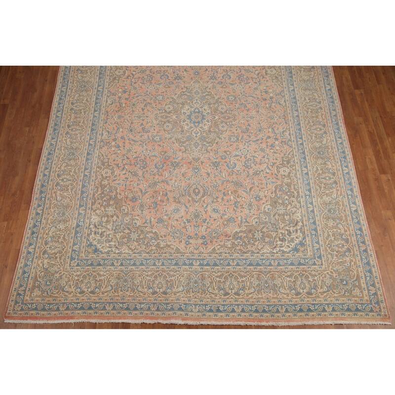 Hand Knotted Oriental 100% Wool Carpet Traditional Floral Pink Mashad Area Rug - 12' 7'' X 9' 6''