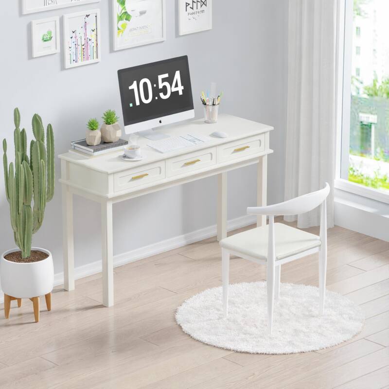 Cream White Vanity Desk with 3 Drawers, Modern Makeup Table or Writing Desk, Multipurpose Dressing Table, No Mirror Included