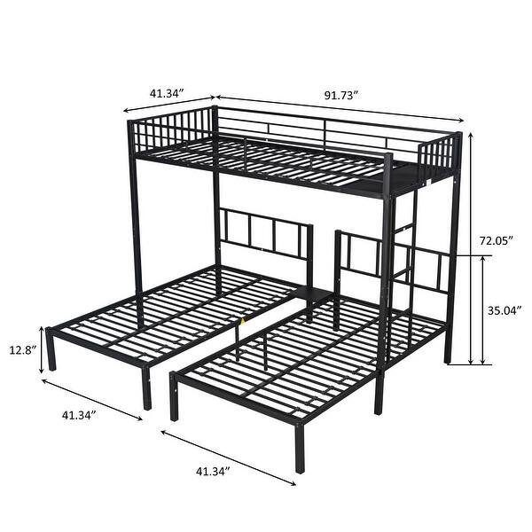 Triple Twin Metal Bunk Bed, Separable into 3 Beds, with Safety Guardrails and Ladder