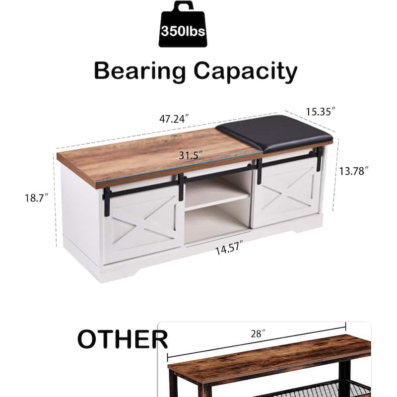 WESOME 47 inch Shoes Bench with Sliding Barn Door Storage Cabinet and Adjustable Shelves - 47.24"Lx15.35"Dx18.7"H