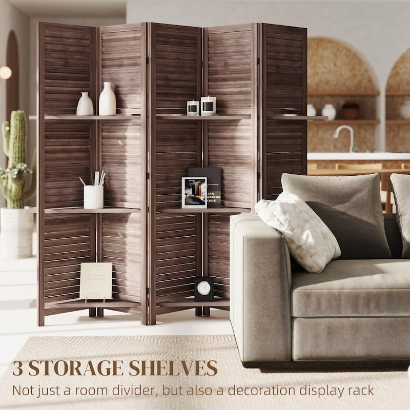 HOMCOM 5 Panel 67" Tall Wood Room Divider, Privacy Screen with 3 Display Shelves, and Folding Storage for Bedroom or Home Office