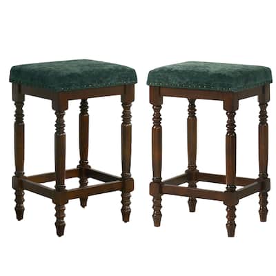 Rustic Wooden Counter Stool With Padded Seat Set Of 2-26 Inch Walnut Barstool With Nailhead Trim,Distressed Finish & Turned Legs