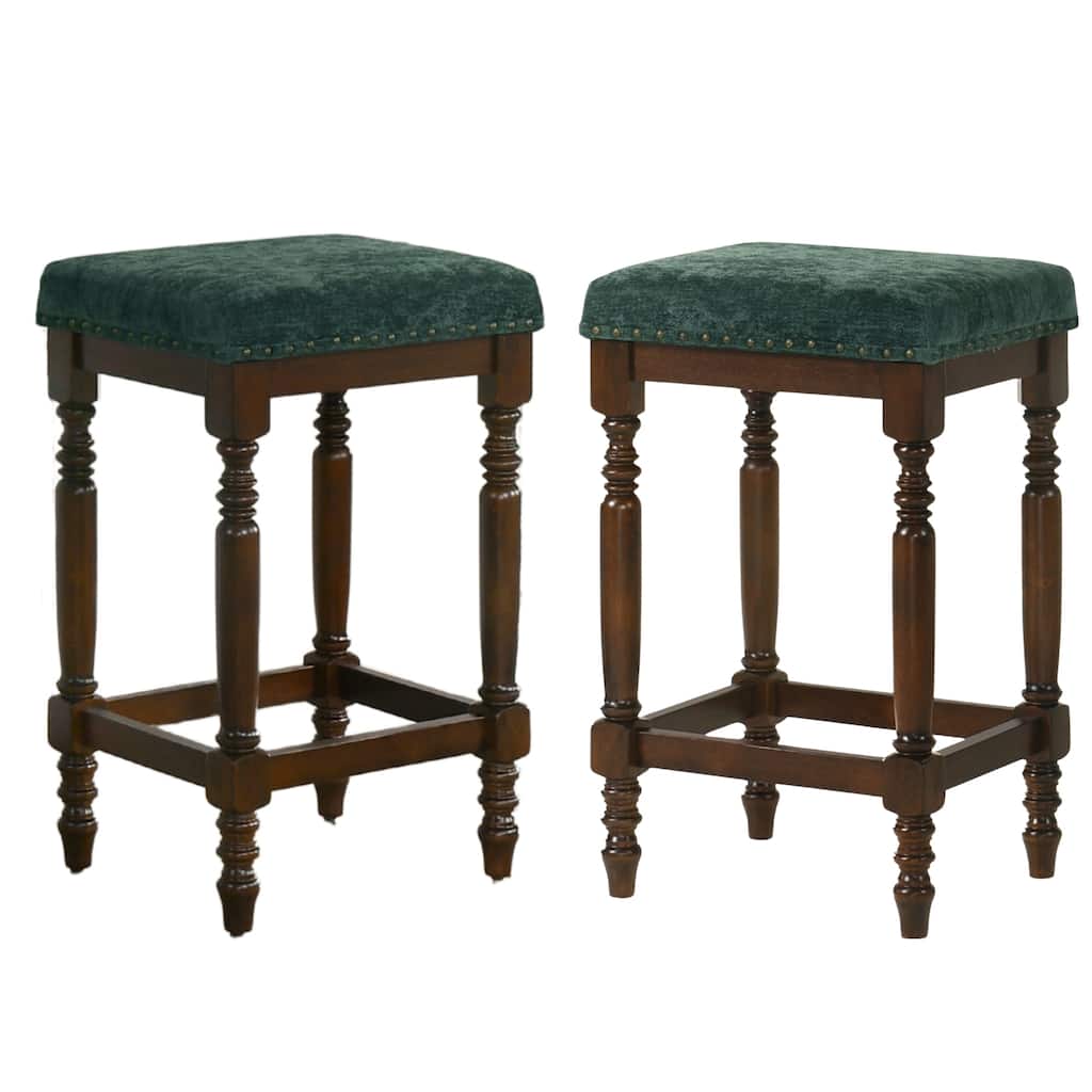 Rustic Wooden Counter Stool with Padded Seat Set of 2 - with Nailhead Trim, Distressed Finish & Turned Legs