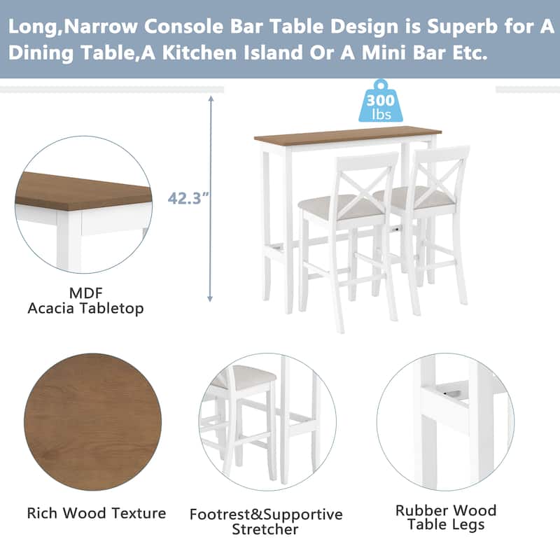 3-Piece Breakfast Nook, Wood Bar Height Dining Table Set, Kitchen Table Set with Bar Table and Cushioned Stools
