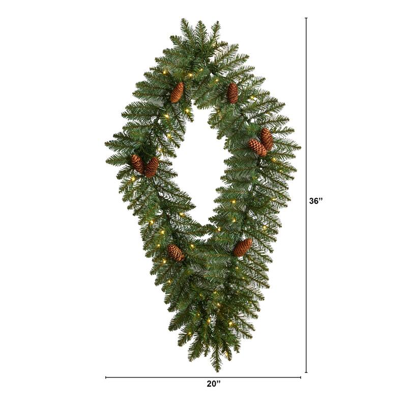 Pinecone Artificial Diamond Christmas Wreath, 36-", Clear LED Lights - Green