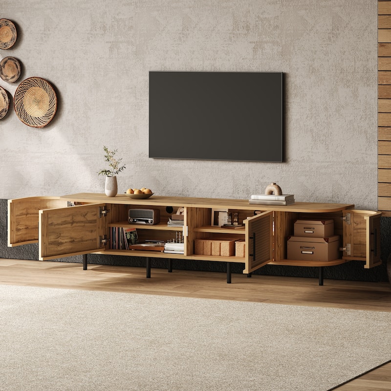 70" Modern TV Stand with Rattan Doors for TVs up to 80", Media Console with Storage Space & Cable Holes, Entertainment Center
