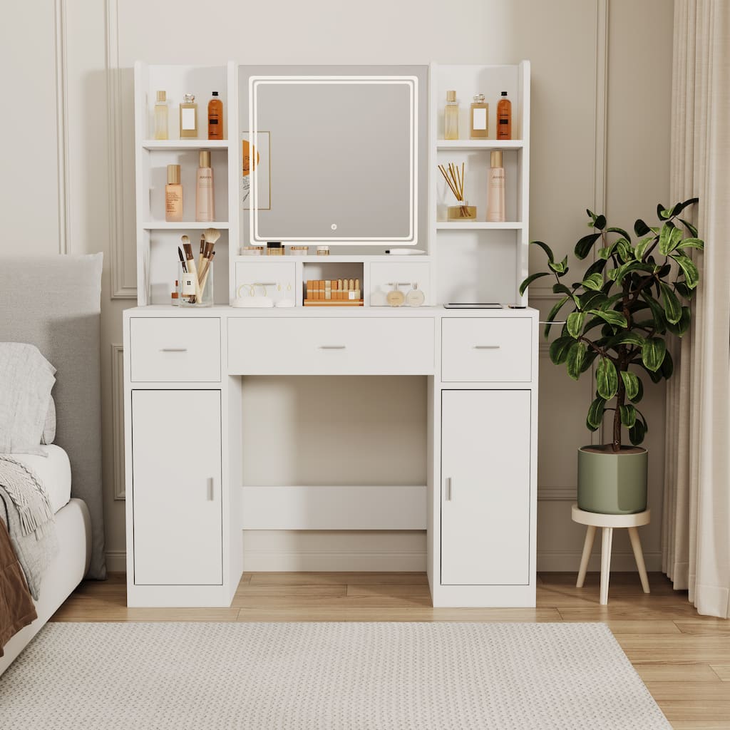 Makeup Vanity Table with Smart Lighted Mirror, Modern Vanity Desk Dressing Table w/ 6 Open Shelves, 2 Hiden Shelves, & 5 Drawers
