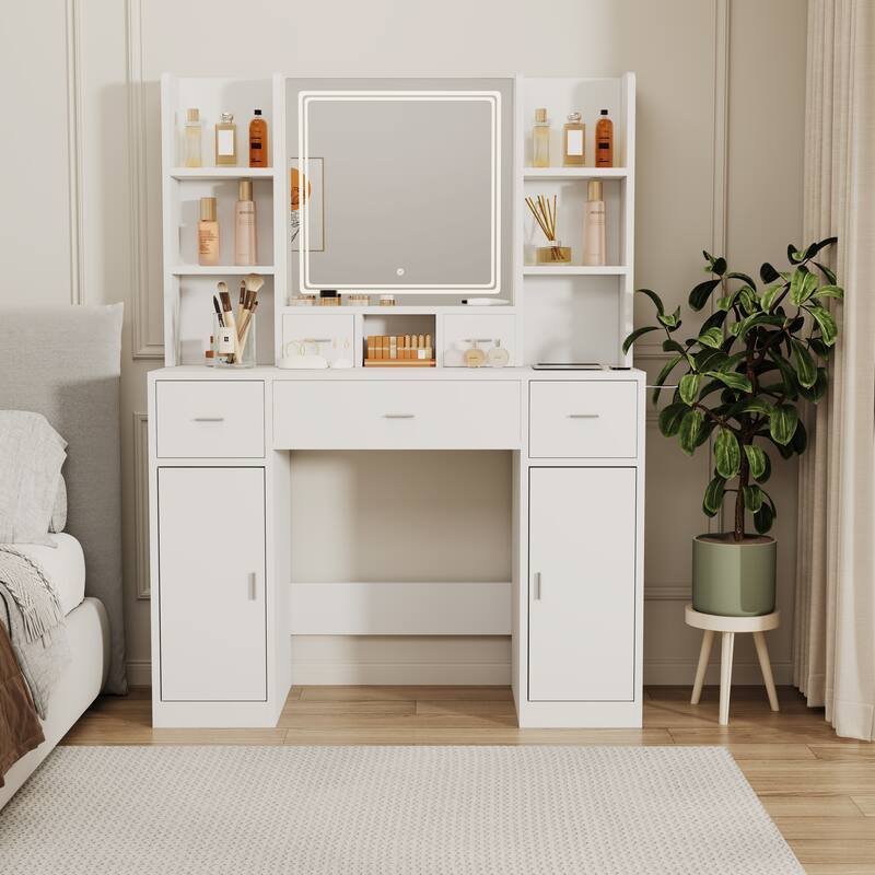 Newly designed smart mirror dressing table with drawers and storage cabinet, dressing table with dressing pad for bedroom - White