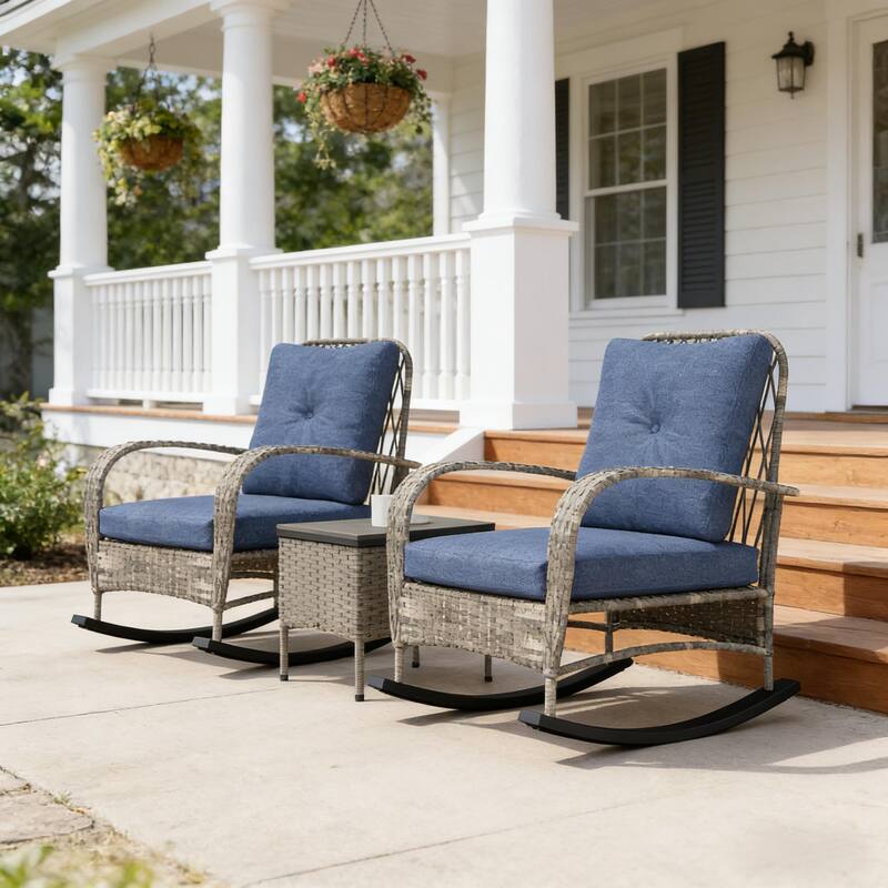 GDFStudio - Outdoor PE Rattan 3-Piece Balcony Bistro Set with Rocking Chairs