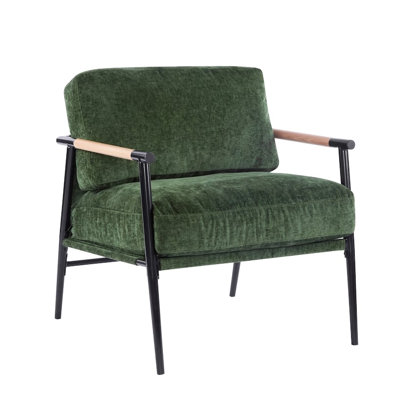 27.56" Modern Accent Chair with Plush Cushions, Minimalist Metal Frame, and Wooden Armrest Design
