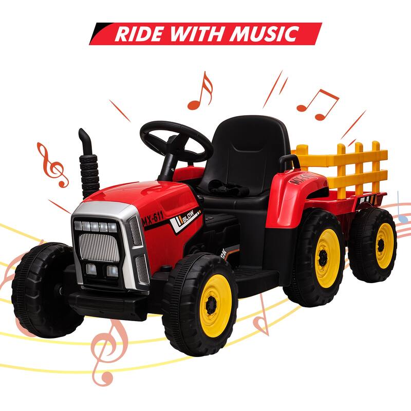12V Kids Electric Tractor w/Remote Control Treaded Tires,Battery Powered Ride On Tractor with Trailer & 2+1-Gear-Shift