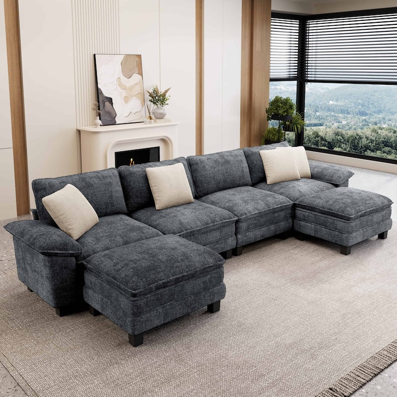 MAISON ARTS Modular Cloud Sectional Sofa, Comfy L- or U-Shaped Couch with Ottomans & Pillows, 4–6 Seat Living Room Sofa - Blue Grey Chenille(6 Pieces) - Symmetrical