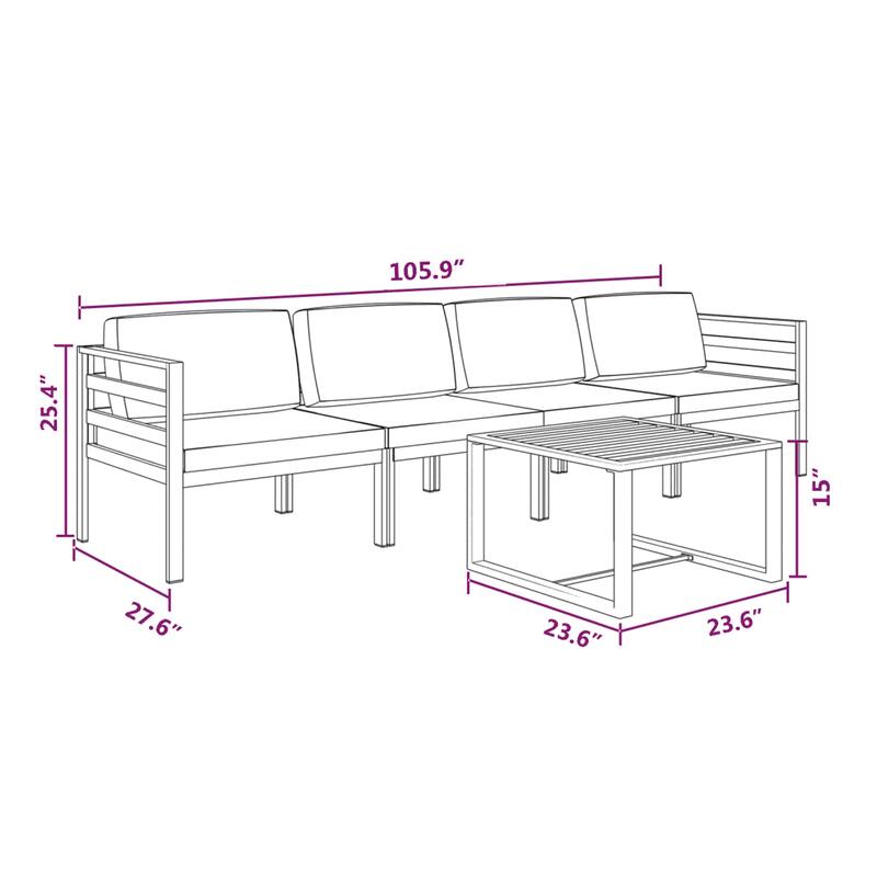 Shina 5pc Outdoor Set with Table, Sofa, and Chairs, Black Polyester