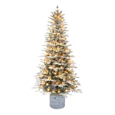 Puleo International 7.5 ft. Pre-lit Potted Flocked Arctic Fir Artificial Christmas Tree