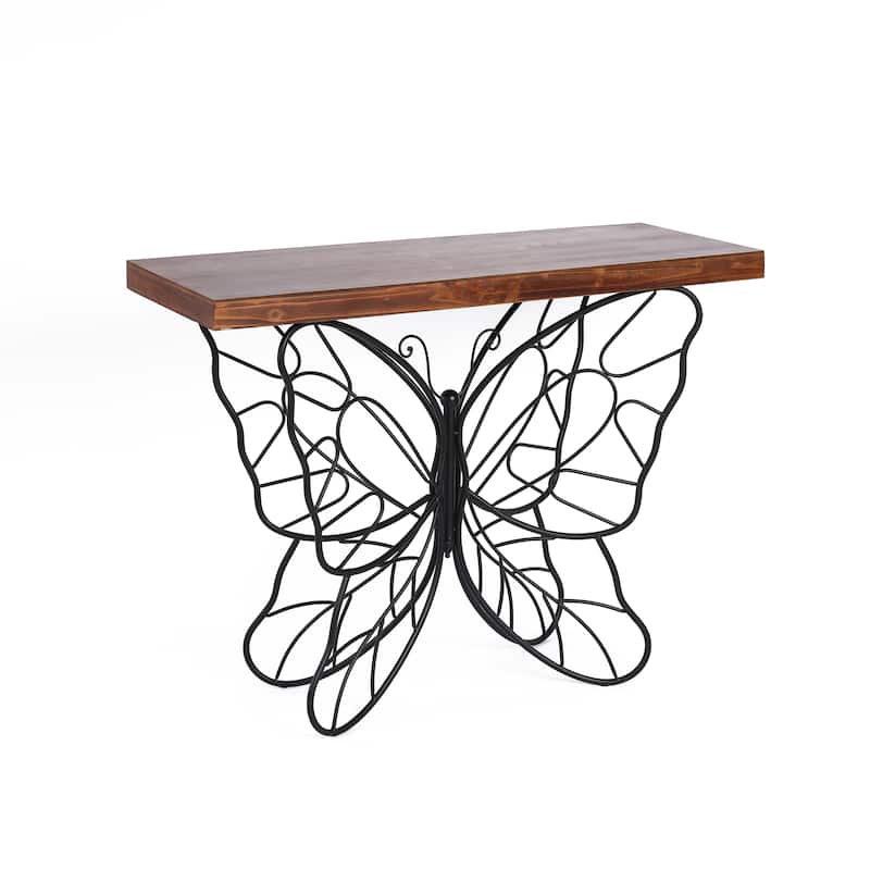 Butterfly Black and Brown Metal and Wood Accent Table - 31.25" H x 40.75" W x 16" D