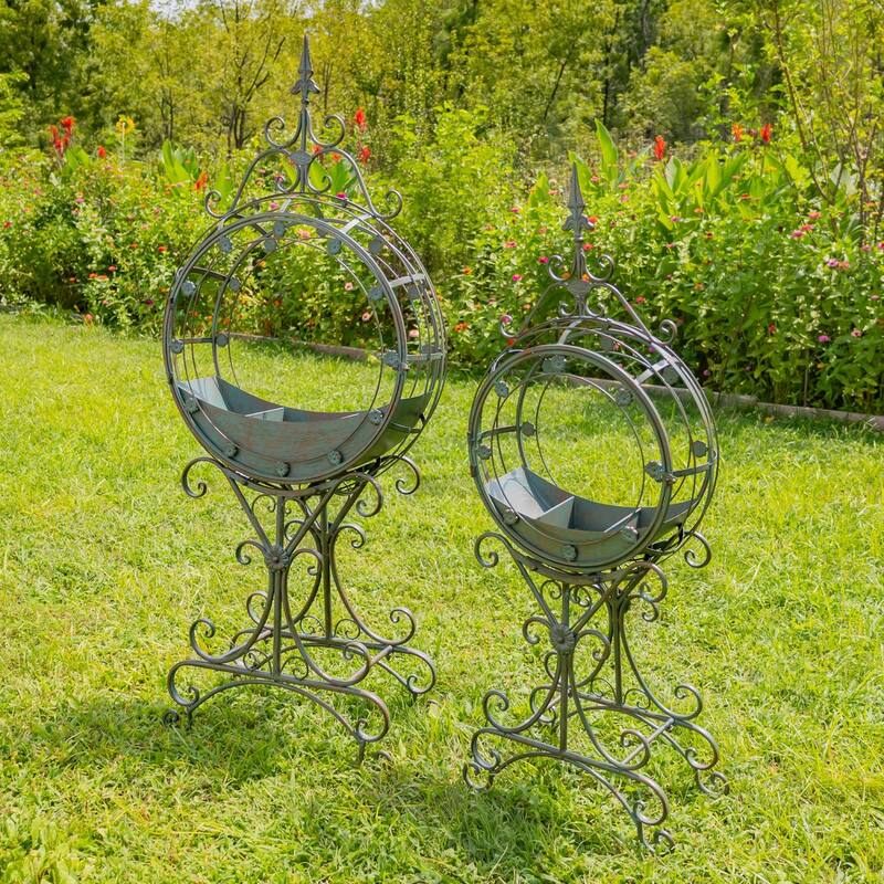Set of 2 Tall Round Metal Planters with Removable Trays Garden Decor in Verdi Green