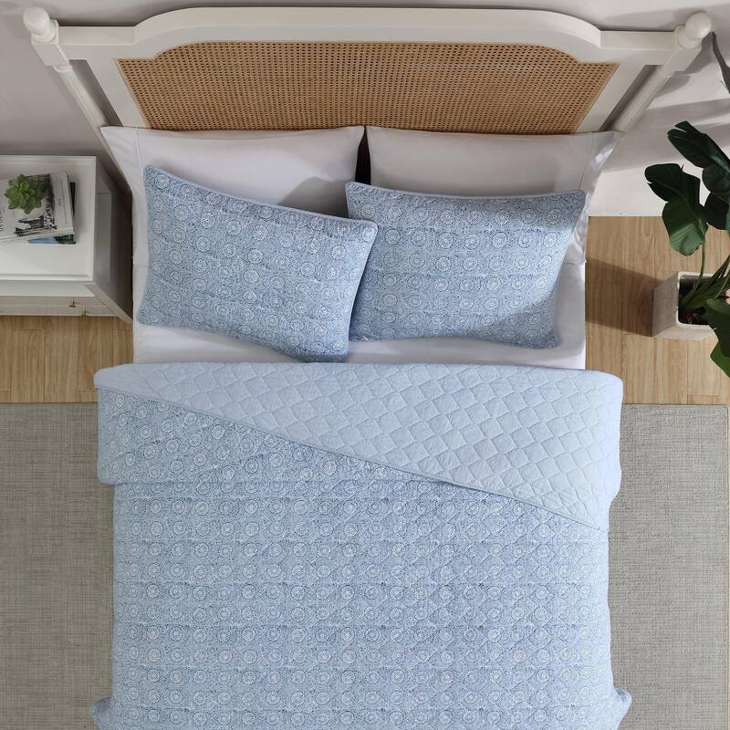 Nautica Floral Park Intricate Floral Motif Cotton Reversible Quilt (Blue, 3 Piece Set)
