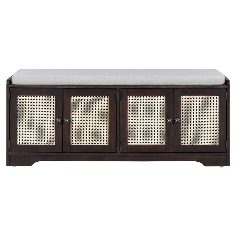 Rustic 47.4" Storage Bench Multifunctional Wooden Entryway Organizer with Removable Cushion and Rattan Doors