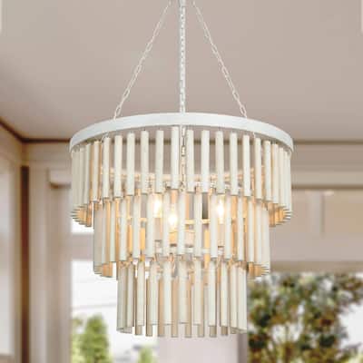 Farmhouse 3-Light White Wood Chandelier 3-Tiers Empire Pendant Lights - 18.5" D x 31.5" H