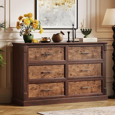 Farmhouse 6 Drawer Dresser for Bedroom, Rustic Chest of Drawers with Metal Handles, Large Double Dresser TV Stand