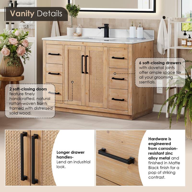 Floral Single Bathroom Vanity in Light Brown with Calacatta White Quartz Countertop without Mirror