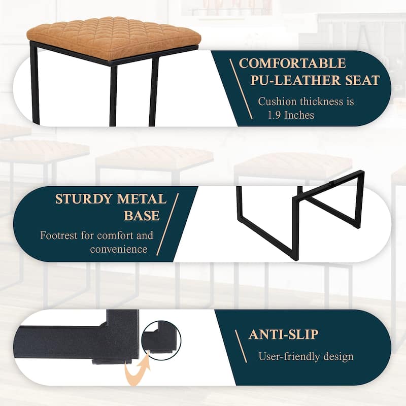 Quincy Leather Counter Barstool – Upholstered Square Seat with Quilted Back, Footrest, and Metal Legs for Kitchen or Dining Area