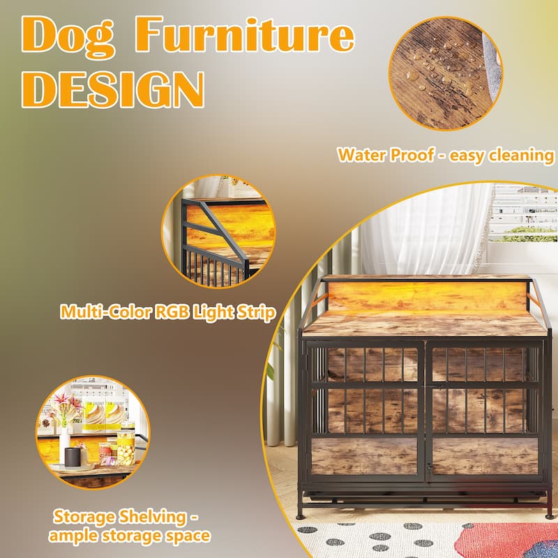 2 Doors Multi-Function Furniture Dog Crates with Adjustable Footrest, Wooden Dog Kennel with Pull-Out Tray