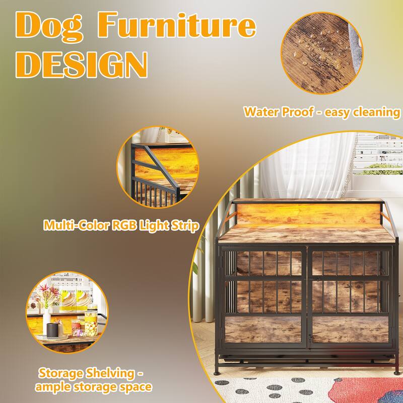 Dog Crate Furniture with Led Lights, Wooden Dog Kennel with Double Doors, Dog House Indoor for Small Medium Dogs