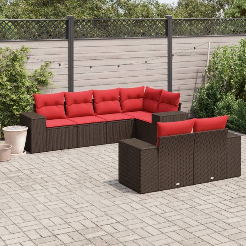 vidaXL 7 Piece Patio Sofa Set with Cushions Brown/Gray Poly Rattan - 24.4 x 24.4 x 27.2 - Brown and red
