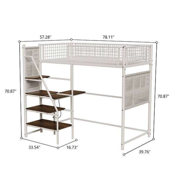 dimension image slide 2 of 3, Loft Bed with Charging Station , Metal High Loft Bed with LED Lights, Bed with Safety Guard & Ladder