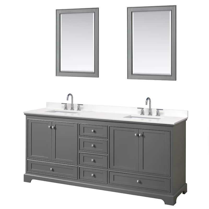 Deborah 80-inch Double Vanity, Quartz Top, 24-inch Mirrors - Dark Gray, Chrome Trim, White Quartz Top