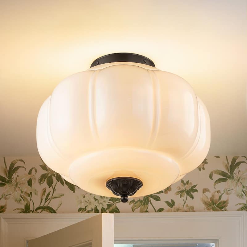 3-Light Transitional Metal & Glass Flush Mount with Charming Pumpkin Milk Glass Shade for Living Room - 15 in. W x 13 in. H - 15 in. W x 13 in. H - Black