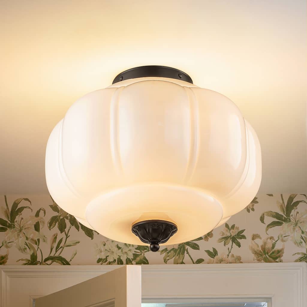 3-Light Transitional Metal & Glass Flush Mount with Charming Pumpkin Milk Glass Shade for Living Room - 15 in. W x 13 in. H