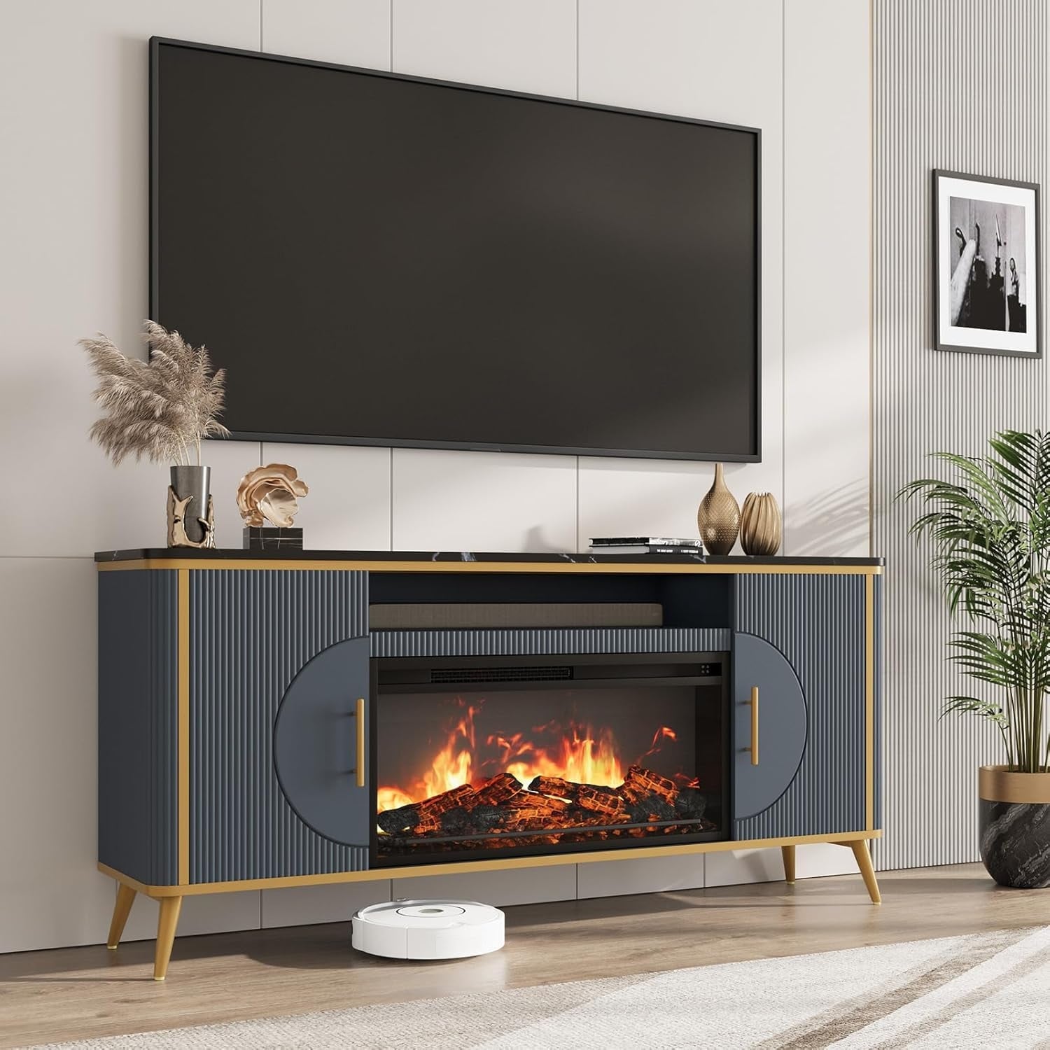 TV Stand up to 80" with 30" Electric Fireplace, Modern Entertainment Center, Adjustable Shelves for Living Room, Navy Blue