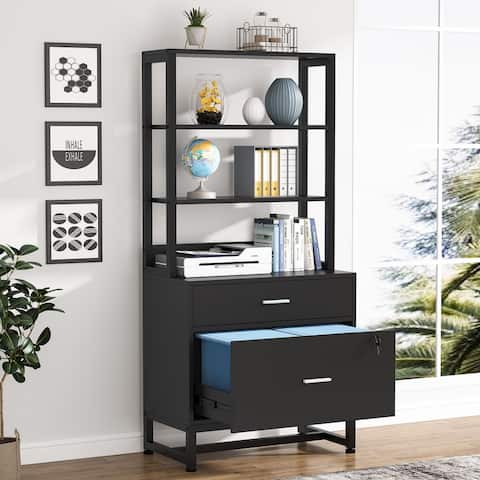 Lateral File Cabinet with 2 Drawers & Lock, Modern Filing Cabinet Bookcase for Home Office