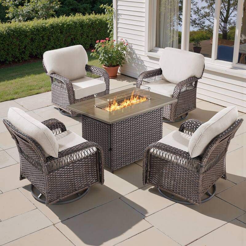 Pocassy Patio Sofa Ottoman Swivel Chair Table with Fire Table Funiture Set. - Brown Wicker Beige Cushion - 5-Piece Swivel Chair with Fie Pit Table