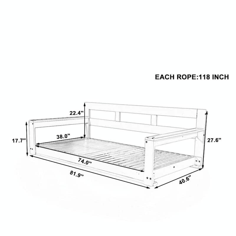 Patio Wooden Twin Size Porch Swing Daybed Frame, Garden Swing Bench Chair with 4 Hanging Ropes