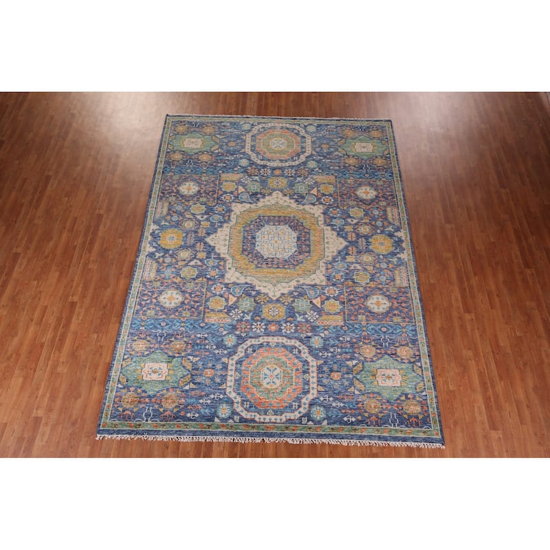 Blue Geometric Khotan Oriental Area Rug Handmade Wool Carpet - 8'9"x 11'11"