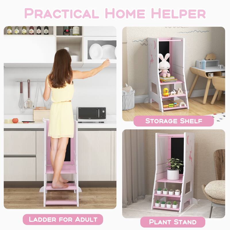 Toddler Kitchen Stool Baby Standing Tower with Chalkboard and Whiteboard - 19.5" x 14.5" x 34.5"