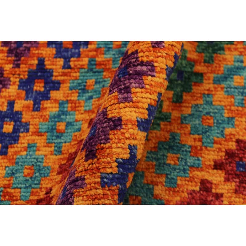 Modern Balochi Fry Orange/Blue Hand Knotted Wool Rug - 3'4'' x 4'10''