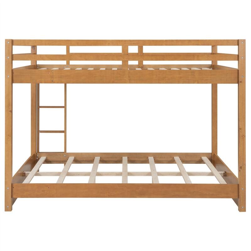 Queen Over Queen Size Bunk Bed with Ladder and Guardrail, Solid Wood Bunk Bedframe with Slats Support for Kids Bedroom