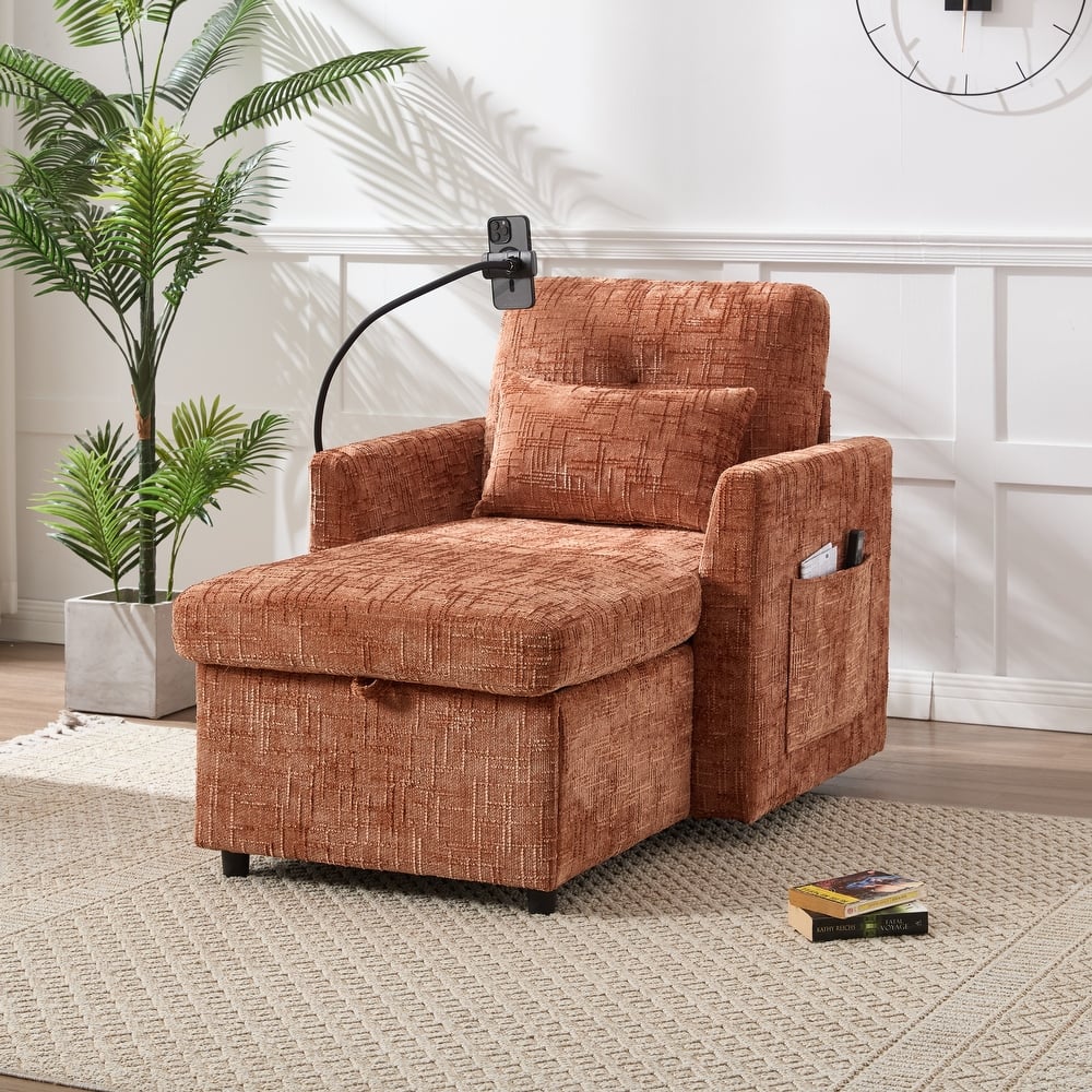 HOMEFUN Chenille Upholstered Storage Lazy Single Leisure Chair Sofa with Phone Holder