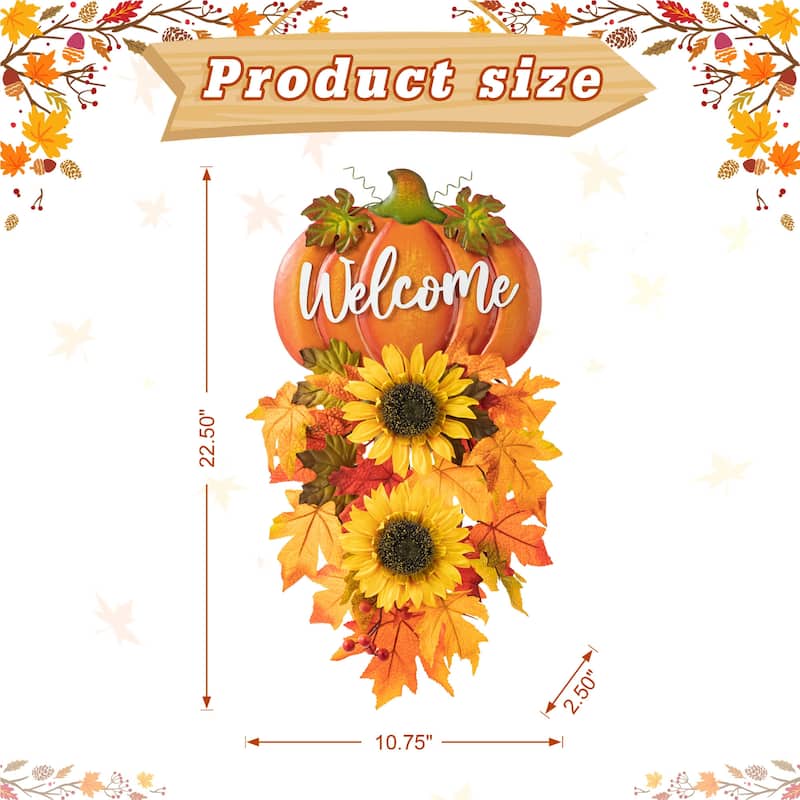 Glitzhome 22.5"H Fall Metal Welcome Pumpkin and Sunflower Swag Thanksgiving Wall Decor