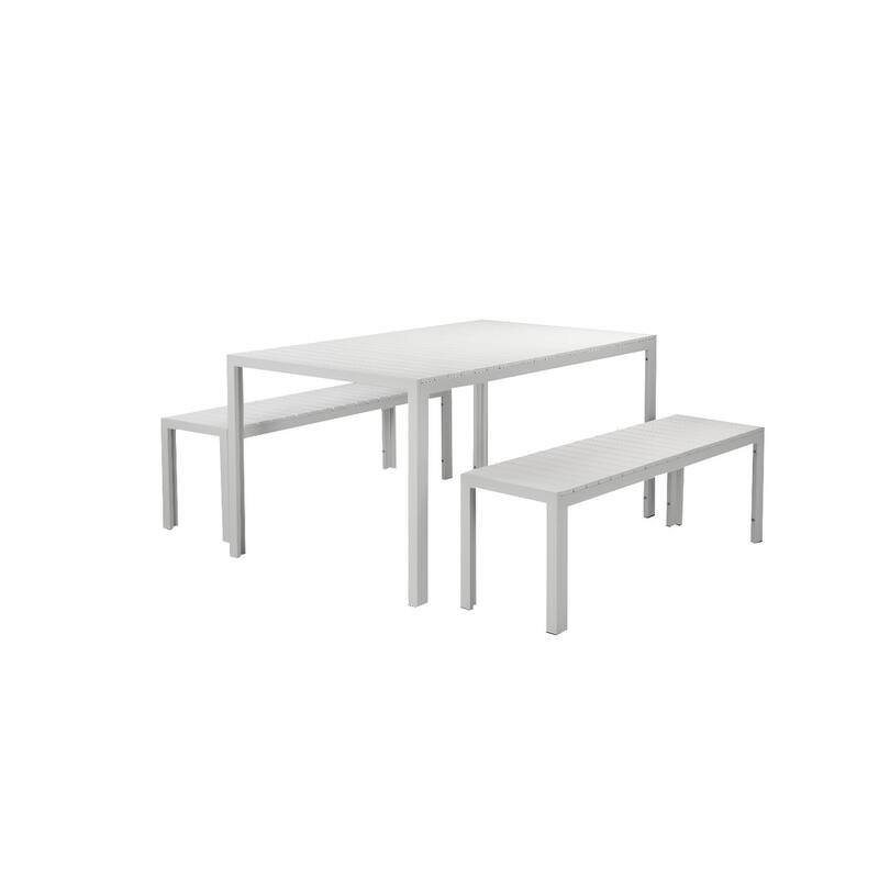 Immaculately Contemporary Anodized Aluminum Table And Bench Set In White (Set of 3)