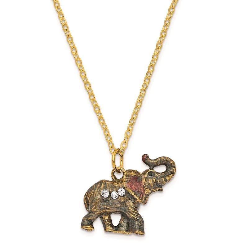 Curata Pewter Crystals Gold-Tone Enameled Zara Trumpeting Elephant Trinket Box on 18 Inch Necklace