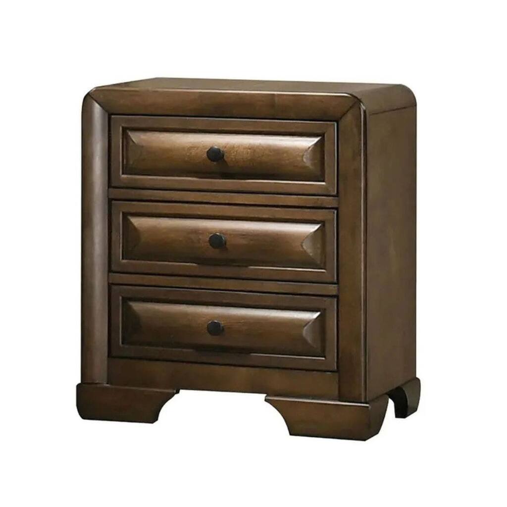 Cair Nightstand w 3 Beveled Drawers, Bronze Metal Knobs, Brown Wood